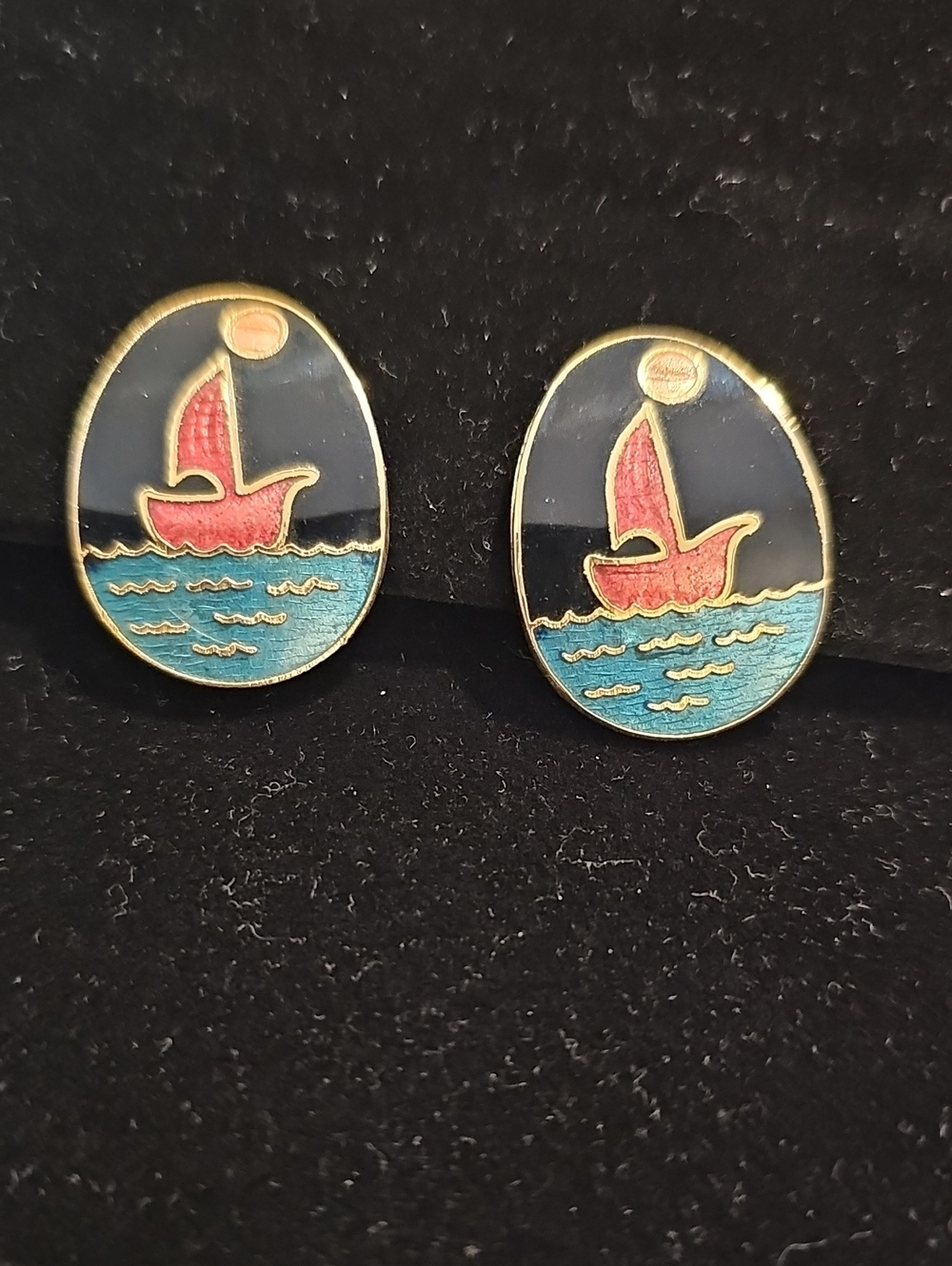 Sailboat Enamel Cloisonne' Earrings - Gold Trim, Clip Earings.